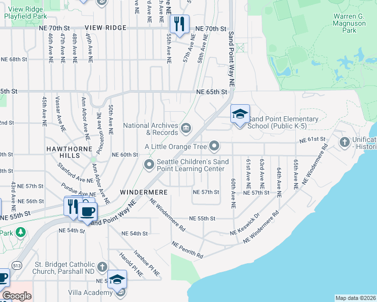 map of restaurants, bars, coffee shops, grocery stores, and more near 6125 Sand Point Way Northeast in Seattle