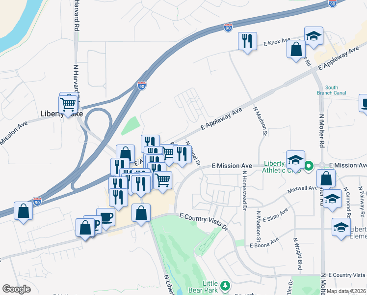 map of restaurants, bars, coffee shops, grocery stores, and more near 22522 East Appleway Avenue in Liberty Lake