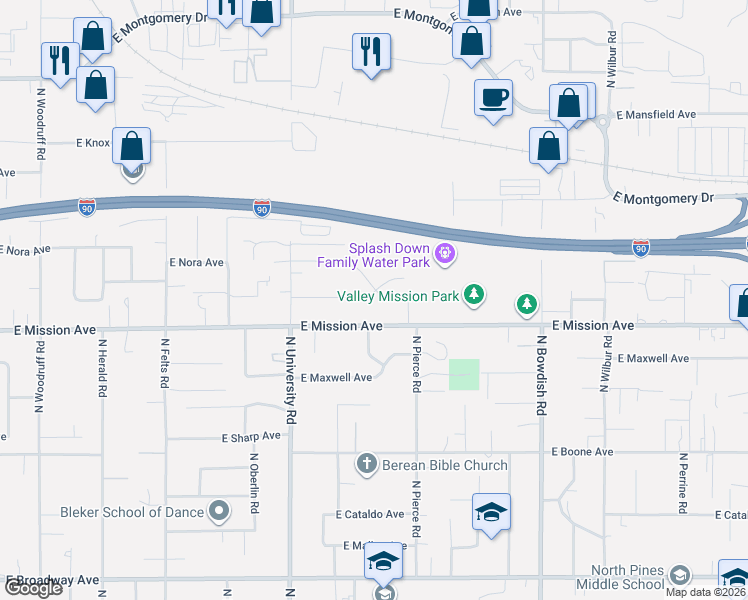 map of restaurants, bars, coffee shops, grocery stores, and more near 1716 North Glenn Road in Spokane Valley