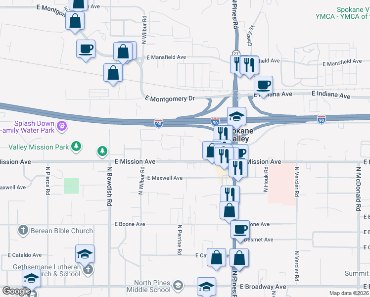 map of restaurants, bars, coffee shops, grocery stores, and more near 1723 North Union Road in Spokane Valley