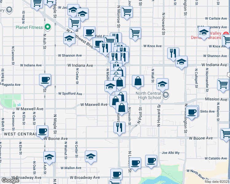 map of restaurants, bars, coffee shops, grocery stores, and more near 1011 West Augusta Avenue in Spokane