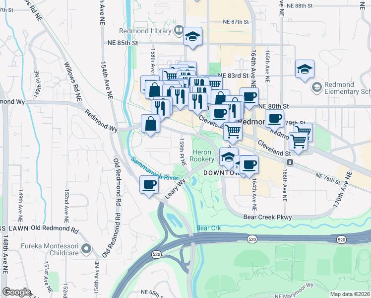 map of restaurants, bars, coffee shops, grocery stores, and more near 7662 159th Place Northeast in Redmond