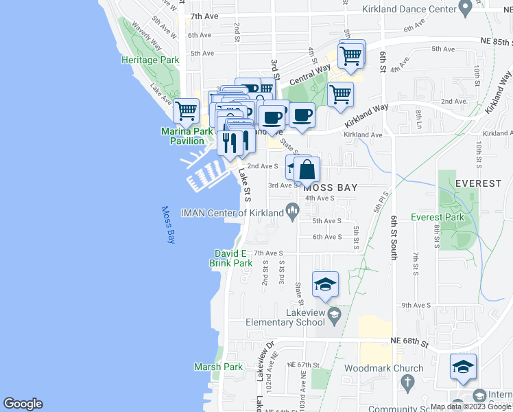 map of restaurants, bars, coffee shops, grocery stores, and more near 311 2nd Street South in Kirkland