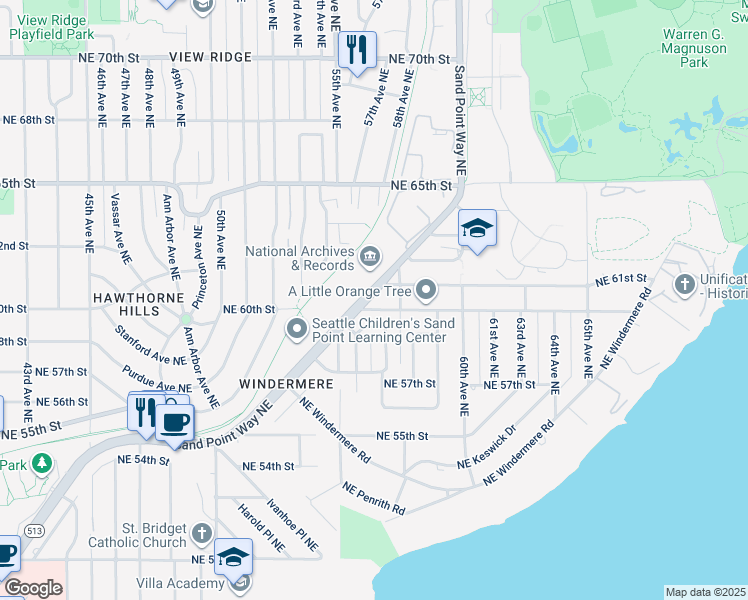 map of restaurants, bars, coffee shops, grocery stores, and more near 6125 Sand Point Way Northeast in Seattle