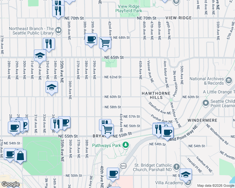 map of restaurants, bars, coffee shops, grocery stores, and more near 6022 41st Avenue Northeast in Seattle