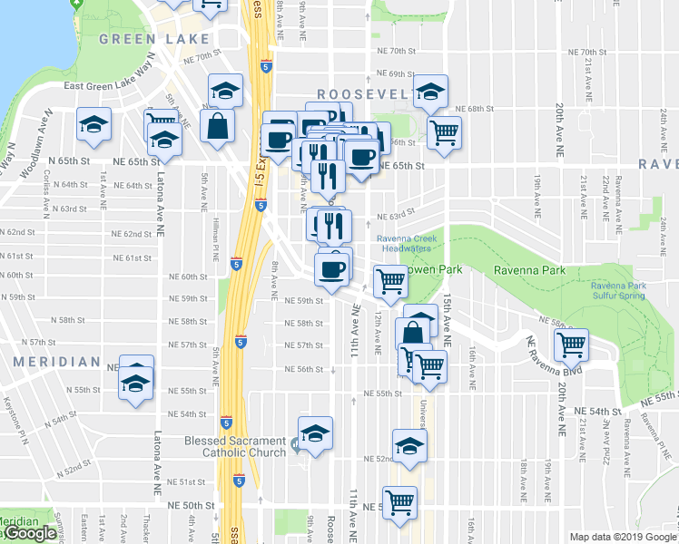 map of restaurants, bars, coffee shops, grocery stores, and more near 6105a Roosevelt Way Northeast in Seattle