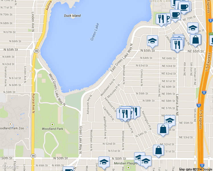 map of restaurants, bars, coffee shops, grocery stores, and more near 5859 Woodlawn Avenue North in Seattle