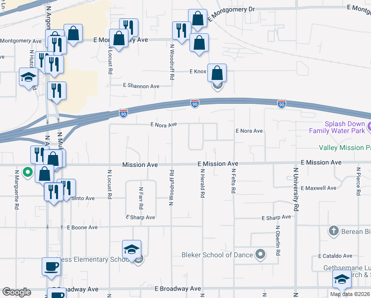 map of restaurants, bars, coffee shops, grocery stores, and more near 1712 North Woodruff Road in Spokane Valley