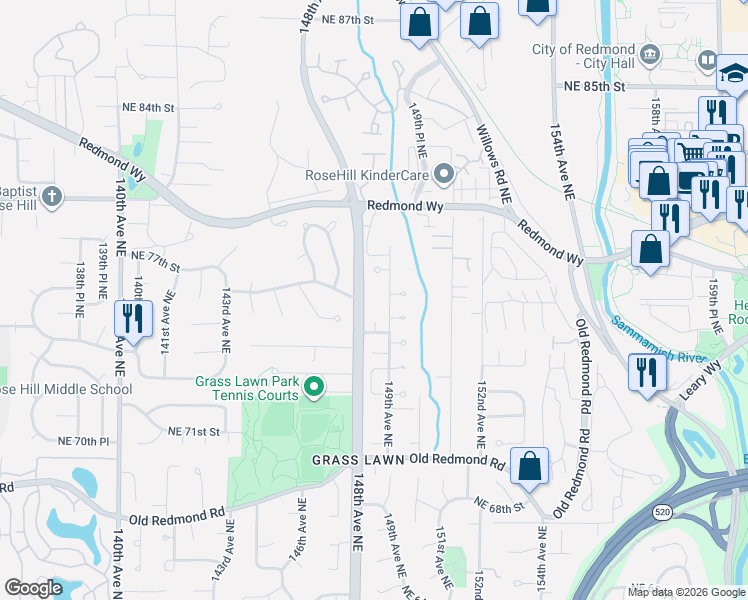map of restaurants, bars, coffee shops, grocery stores, and more near 7711 149th Avenue Northeast in Redmond