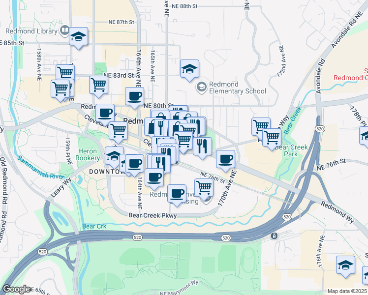 map of restaurants, bars, coffee shops, grocery stores, and more near 16640 Redmond Way in Redmond