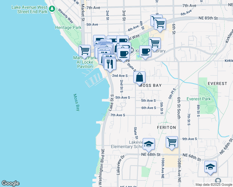 map of restaurants, bars, coffee shops, grocery stores, and more near 410 Lake Street South in Kirkland
