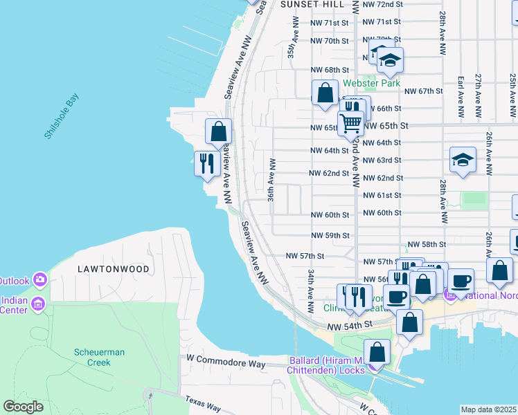 map of restaurants, bars, coffee shops, grocery stores, and more near 6102 37th Avenue Northwest in Seattle
