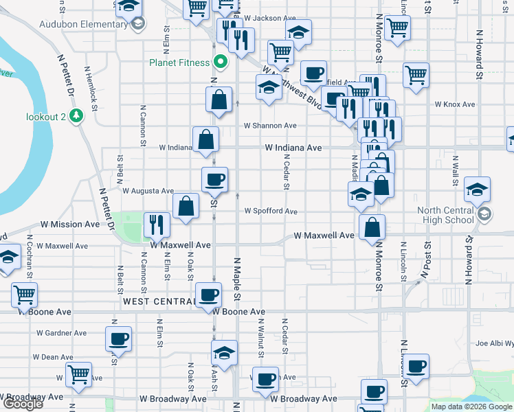 map of restaurants, bars, coffee shops, grocery stores, and more near 1519 West Augusta Avenue in Spokane