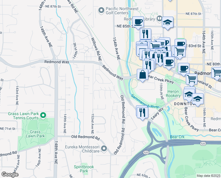 map of restaurants, bars, coffee shops, grocery stores, and more near 15325 Redmond Way in Redmond