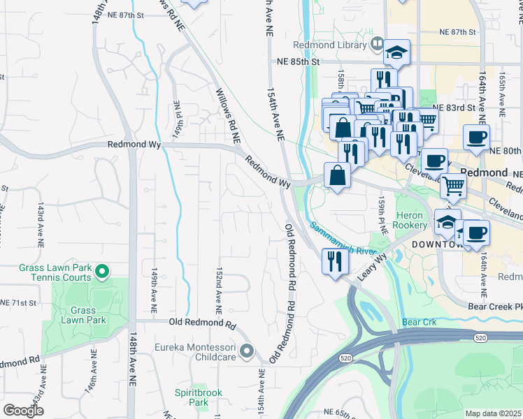 map of restaurants, bars, coffee shops, grocery stores, and more near 7573 Old Redmond Road in Redmond