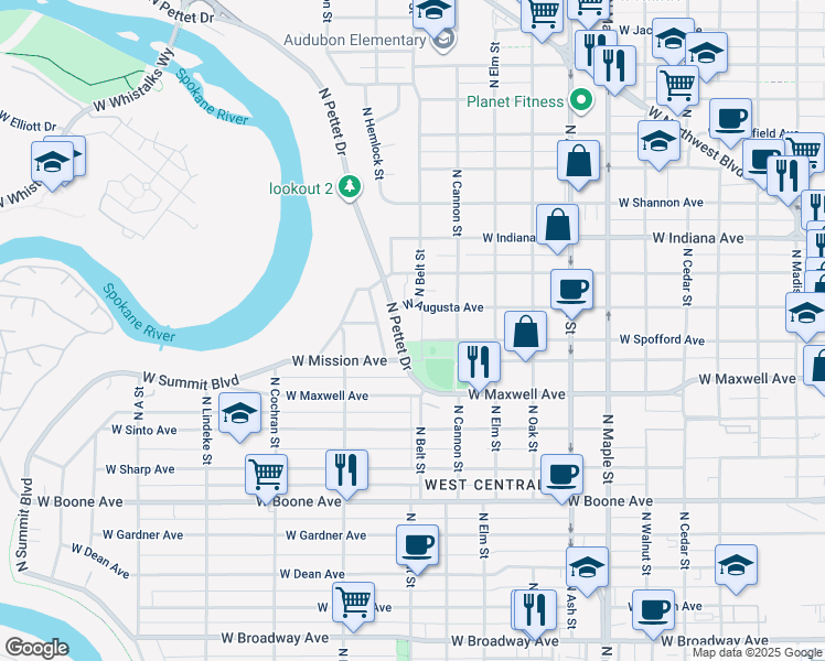 map of restaurants, bars, coffee shops, grocery stores, and more near 1603 North Belt Street in Spokane