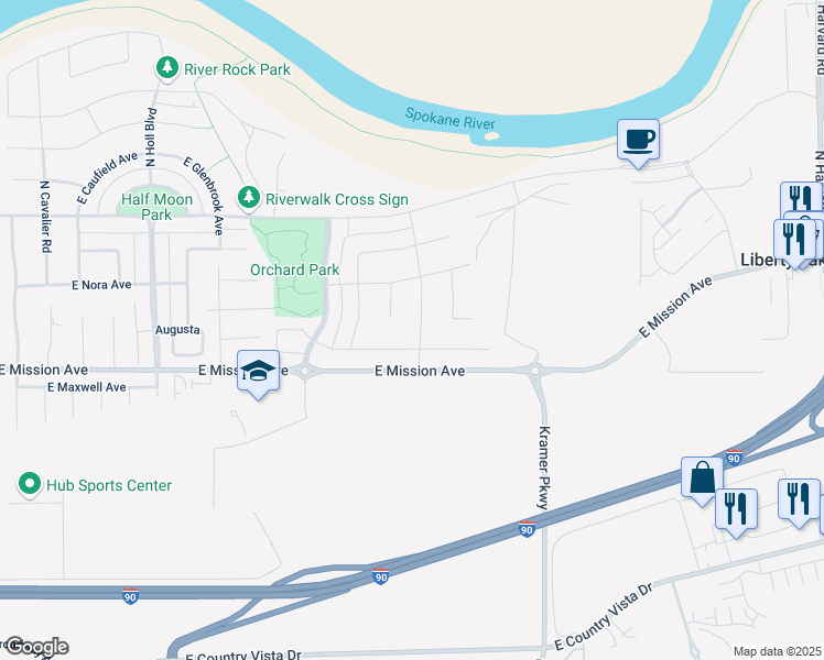 map of restaurants, bars, coffee shops, grocery stores, and more near 20672 East Mission Avenue in Liberty Lake