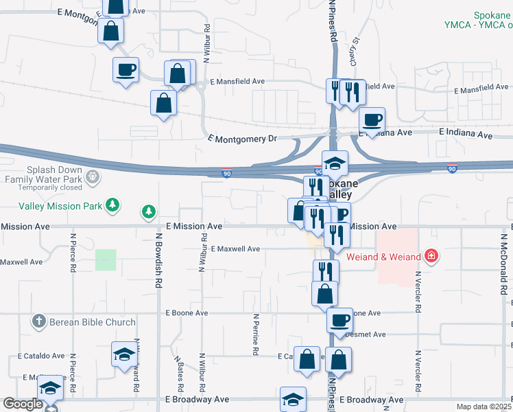 map of restaurants, bars, coffee shops, grocery stores, and more near 1723 North Union Road in Spokane Valley