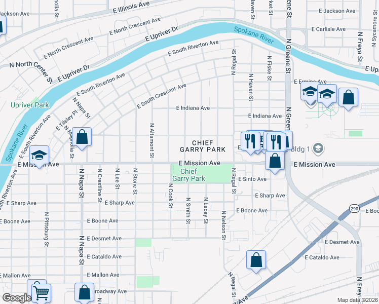map of restaurants, bars, coffee shops, grocery stores, and more near 1608 North Smith Street in Spokane