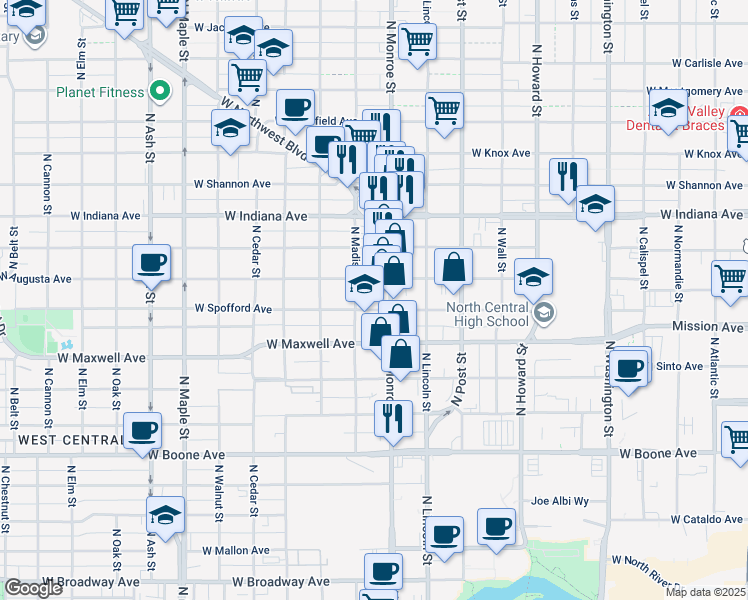 map of restaurants, bars, coffee shops, grocery stores, and more near 1011 West Augusta Avenue in Spokane