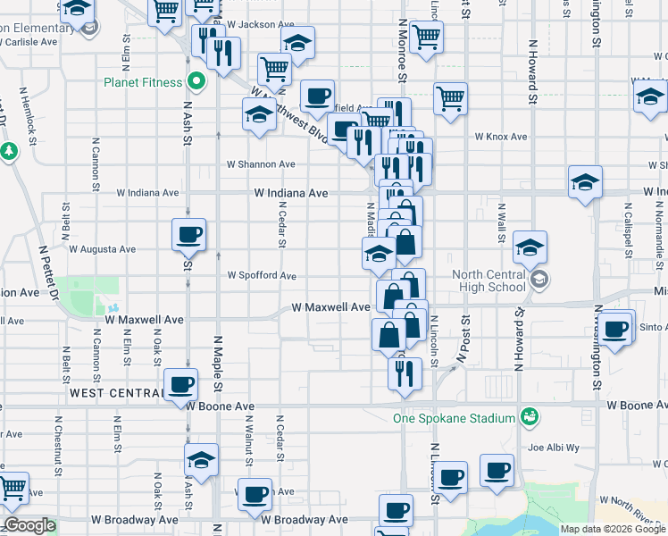 map of restaurants, bars, coffee shops, grocery stores, and more near 1217 West Augusta Avenue in Spokane