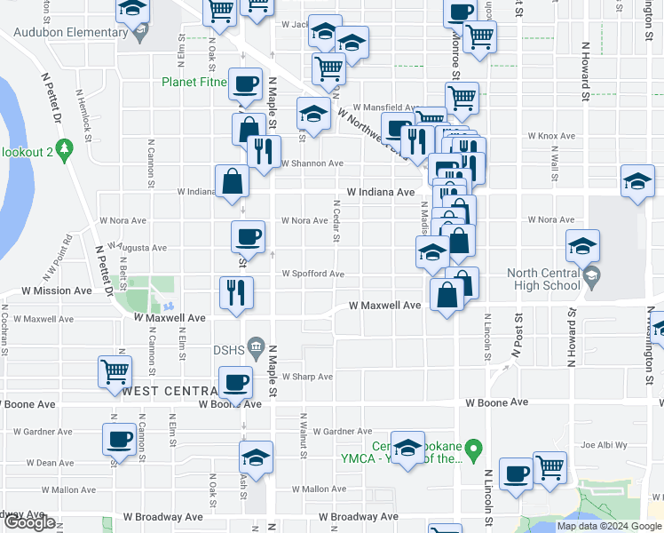 map of restaurants, bars, coffee shops, grocery stores, and more near 1311 West Augusta Avenue in Spokane