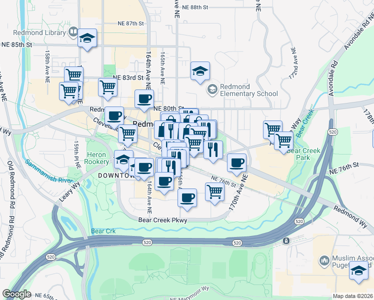 map of restaurants, bars, coffee shops, grocery stores, and more near 16640 Redmond Way in Redmond