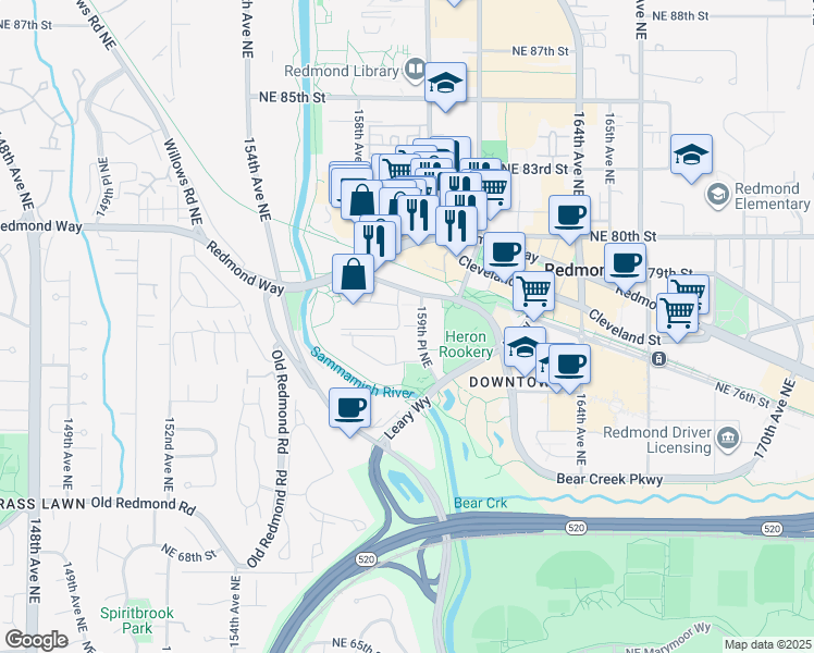 map of restaurants, bars, coffee shops, grocery stores, and more near 7661 159th Place Northeast in Redmond