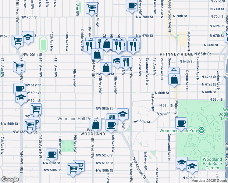 map of restaurants, bars, coffee shops, grocery stores, and more near 6016 5th Avenue Northwest in Seattle
