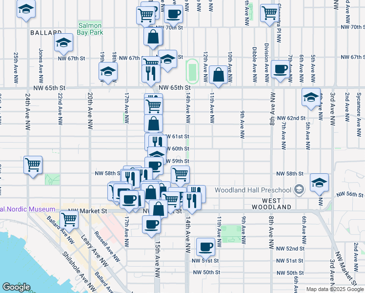 map of restaurants, bars, coffee shops, grocery stores, and more near 1419 Northwest 61st Street in Seattle