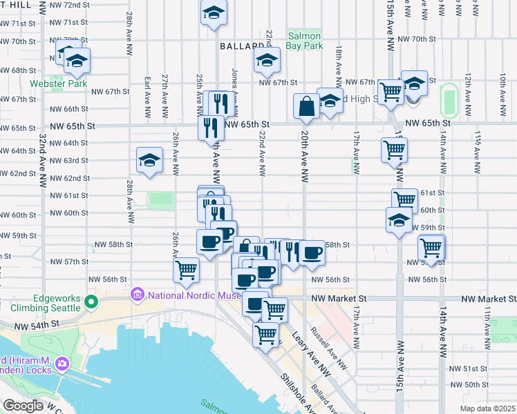 map of restaurants, bars, coffee shops, grocery stores, and more near 6027 22nd Avenue Northwest in Seattle