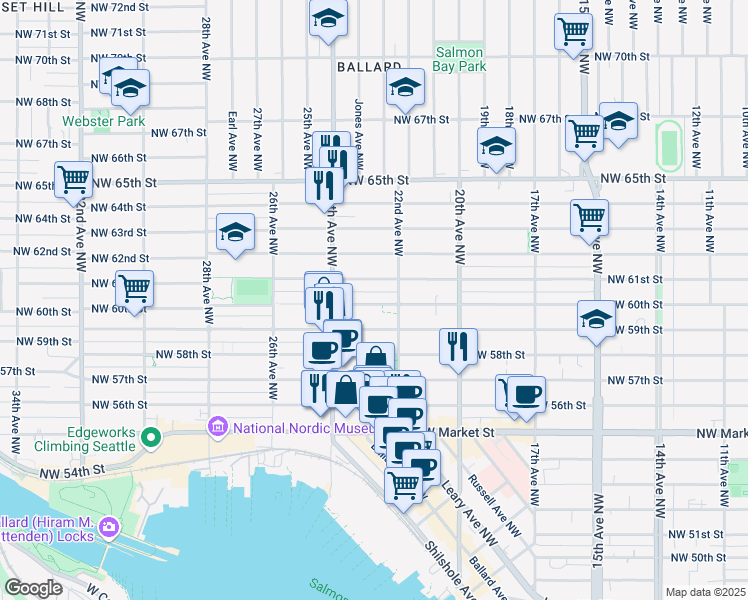 map of restaurants, bars, coffee shops, grocery stores, and more near 2241 Northwest 61st Street in Seattle