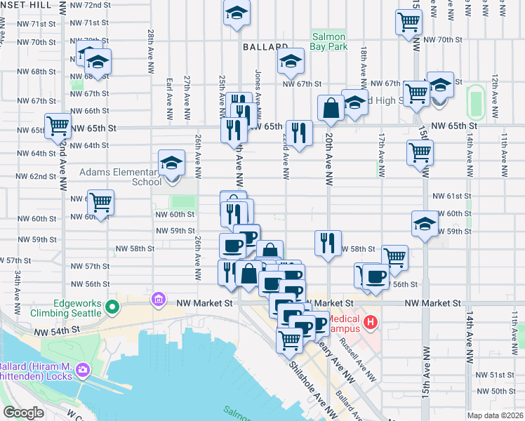 map of restaurants, bars, coffee shops, grocery stores, and more near 2241 Northwest 61st Street in Seattle