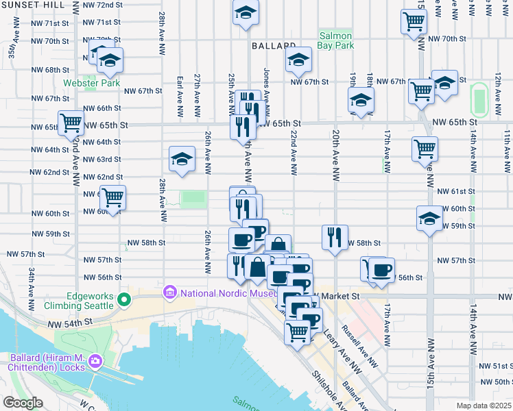 map of restaurants, bars, coffee shops, grocery stores, and more near 2241 Northwest 61st Street in Seattle