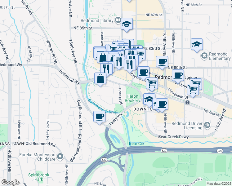 map of restaurants, bars, coffee shops, grocery stores, and more near 7661 159th Place Northeast in Redmond