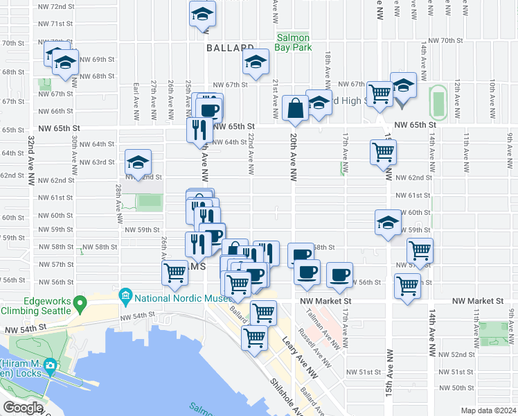map of restaurants, bars, coffee shops, grocery stores, and more near 2048 Northwest 60th Street in Seattle