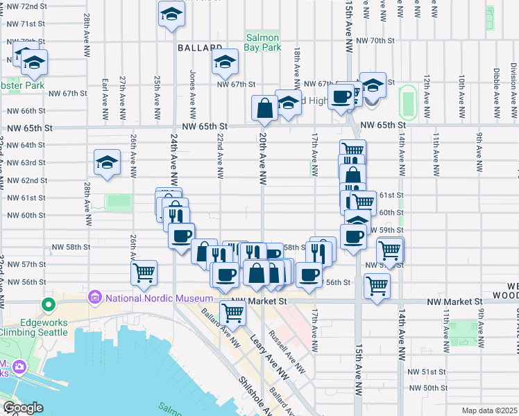 map of restaurants, bars, coffee shops, grocery stores, and more near 2002 Northwest 60th Street in Seattle