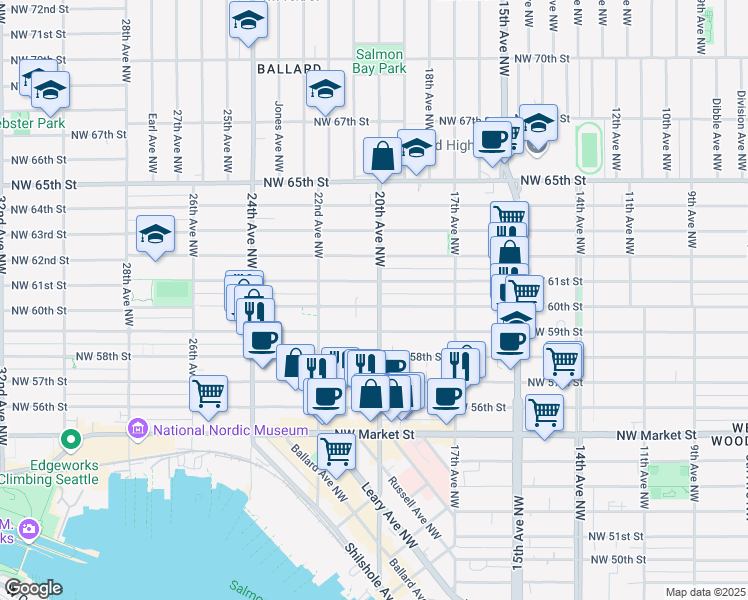 map of restaurants, bars, coffee shops, grocery stores, and more near 2002 Northwest 60th Street in Seattle