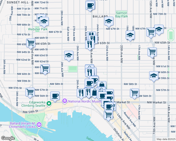 map of restaurants, bars, coffee shops, grocery stores, and more near 2410 Northwest 60th Street in Seattle