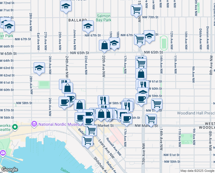 map of restaurants, bars, coffee shops, grocery stores, and more near 1762 Northwest 60th Street in Seattle