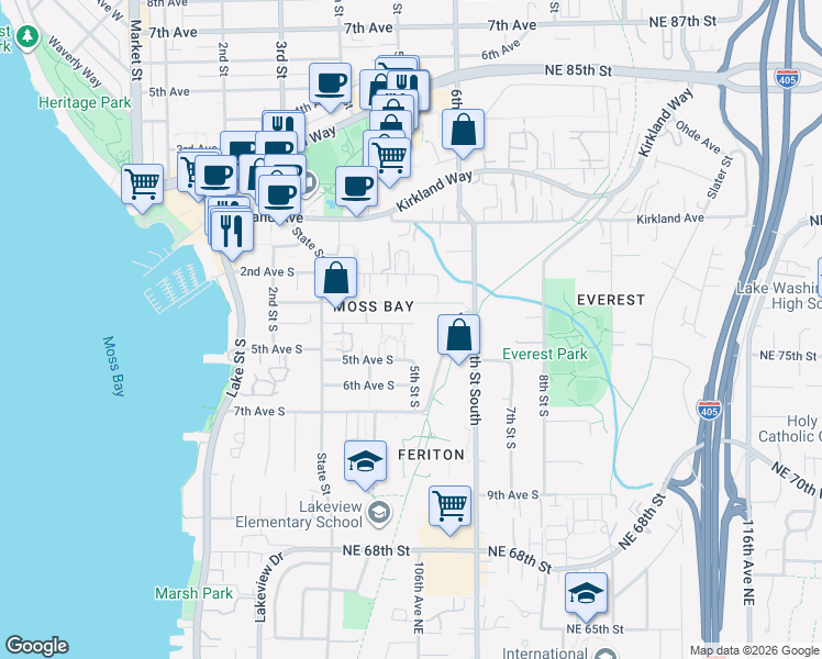 map of restaurants, bars, coffee shops, grocery stores, and more near 444 4th Avenue South in Kirkland