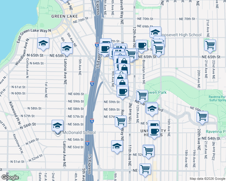 map of restaurants, bars, coffee shops, grocery stores, and more near NE Ravenna Blvd & NE 60th St in Seattle
