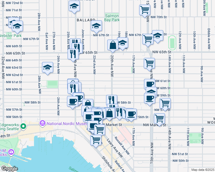 map of restaurants, bars, coffee shops, grocery stores, and more near 2010 Northwest 60th Street in Seattle