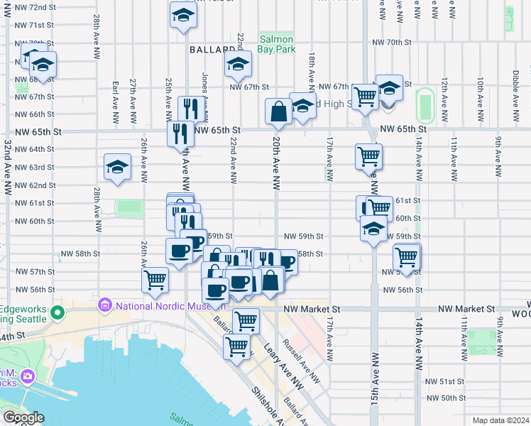 map of restaurants, bars, coffee shops, grocery stores, and more near 2010 Northwest 60th Street in Seattle
