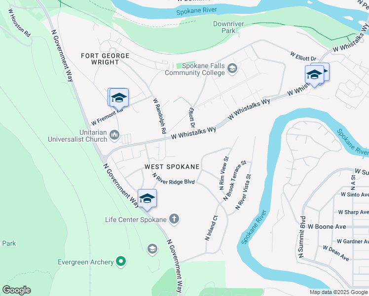 map of restaurants, bars, coffee shops, grocery stores, and more near 1620 North River Ridge Boulevard in Spokane