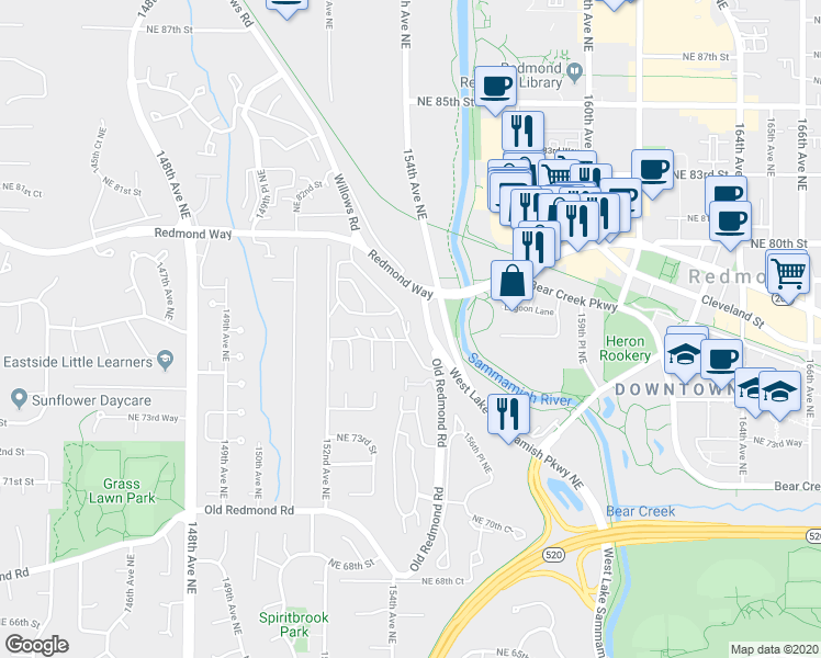 map of restaurants, bars, coffee shops, grocery stores, and more near 15325 Redmond Way in Redmond