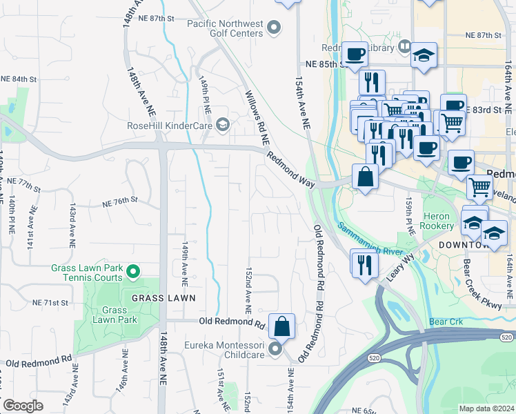 map of restaurants, bars, coffee shops, grocery stores, and more near 7583 Old Redmond Road in Redmond