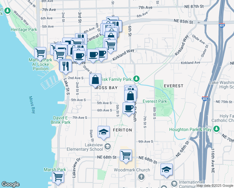 map of restaurants, bars, coffee shops, grocery stores, and more near 444 4th Avenue South in Kirkland