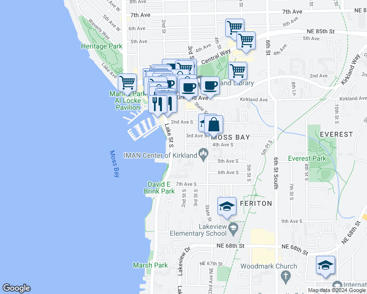 map of restaurants, bars, coffee shops, grocery stores, and more near 311 2nd Street South in Kirkland
