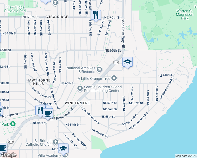 map of restaurants, bars, coffee shops, grocery stores, and more near 6125 Sand Point Way Northeast in Seattle